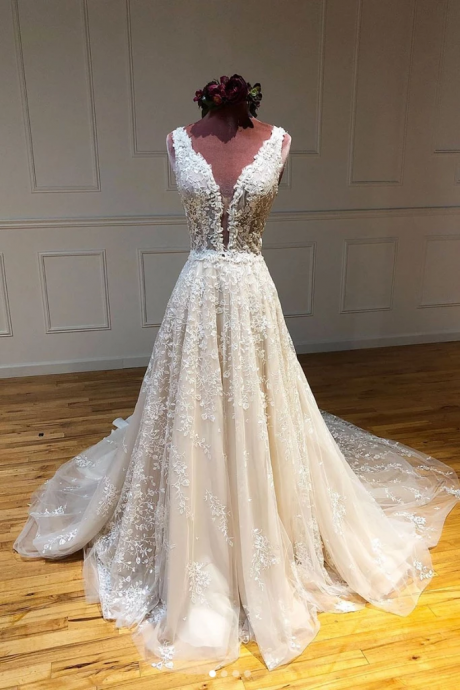 Beautiful A Line Deep V Neck Creamy Formal Prom Dress Wedding Dress