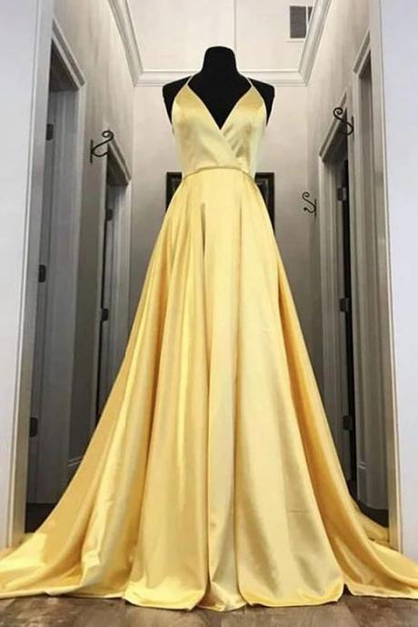 Simple Yellow Satin V Neck Long Prom Dress Graduation Dress