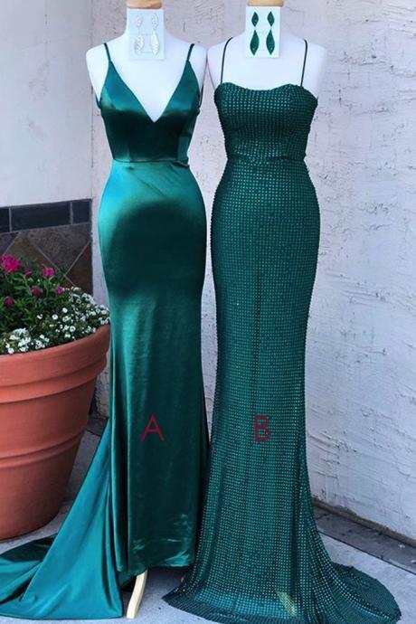 Sexy Mermaid Spaghetti Straps Green Long Backless Prom Dress Evening Dress
