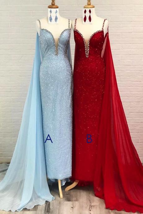 Burgundy Blue Shinny Sequins Tulle Sweep Train Evening Dress Formal Prom Dress