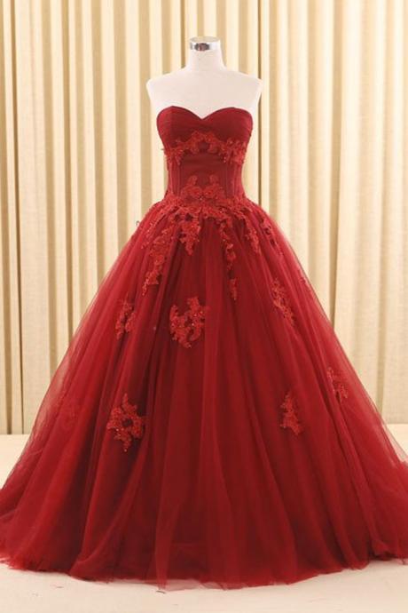 Burgundy Tulle Sweet 16 Prom Dress Long Lace Up Evening Dress With Applique
