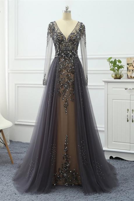 Unique Sparkly Beaded Long Sleeve Formal Women Prom Dress Evening Dress