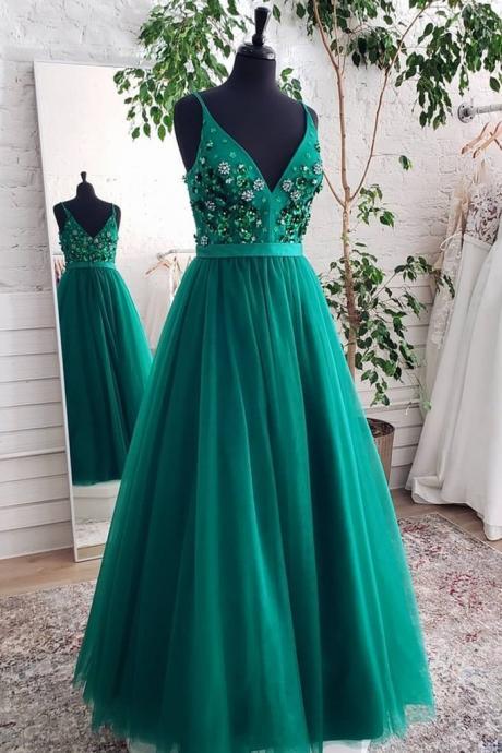 Green Tulle Long Prom Dress V-neck Sleeveless Flowers Backless Women Party Gown