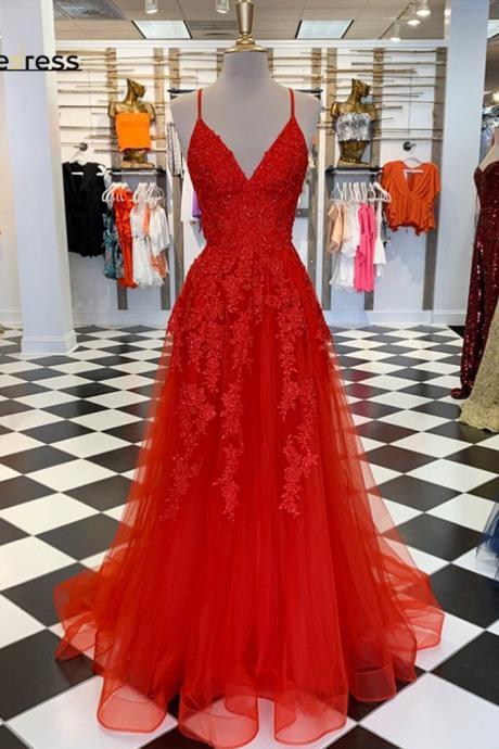 Red Tulle Lace V Neck Long Prom Dress Formal Dress With Lace Applique