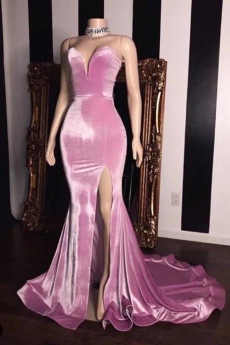 Strapless Pink Velvet Sleeveless Sweep Strain Split Side Prom Dress Evening Dress