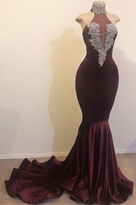 Dark Red Velvet Long Mermaid Prom Dresses Sleeveless Sweep Train Applique Formal Evening Dress Party Gowns