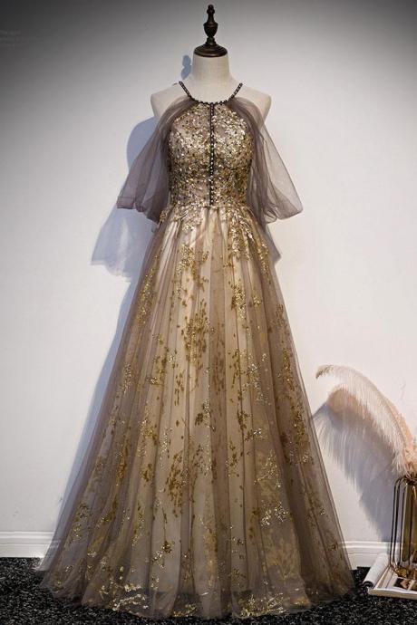 Unique Gold Flower Lace Long Tulle Prom Dress Gray Tulle Formal Dress