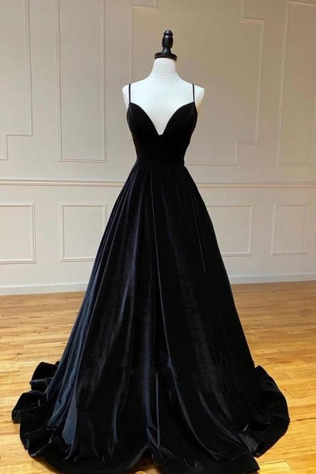 Black V Neck Long A Line Prom Dress Evening Dresses