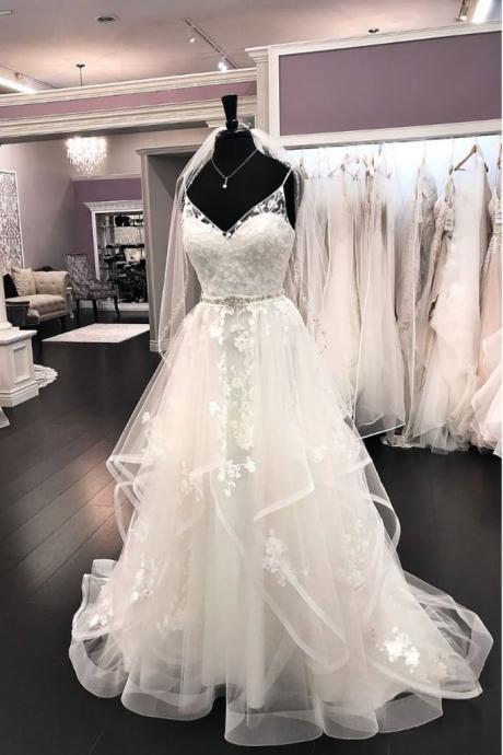 Elegant White Tulle Lace V Neck Spaghetti Straps A Line Wedding Dress Prom Dress With Veil