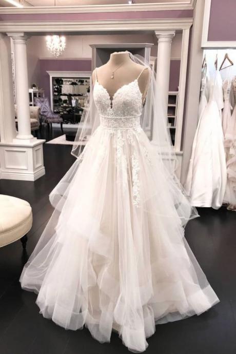 Ivory Tulle Lace V Neck Spaghetti Straps Veil Long Prom Dress Wedding Dress
