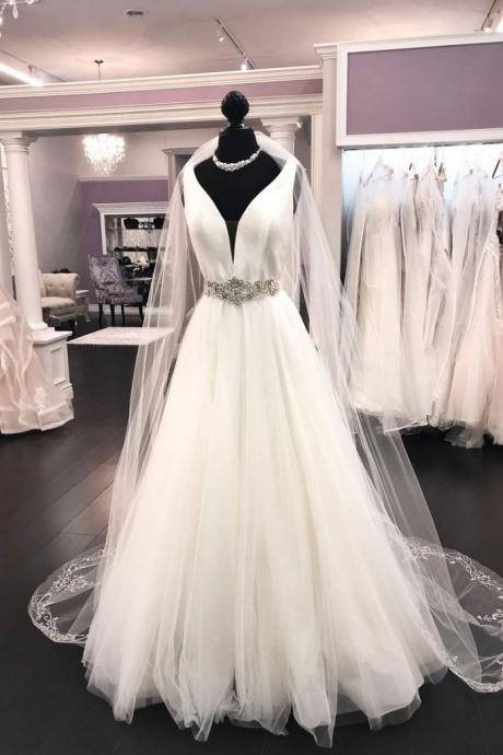 White Satin Tulle V Neck Long Halter Prom Dress Wedding Dress With Veil