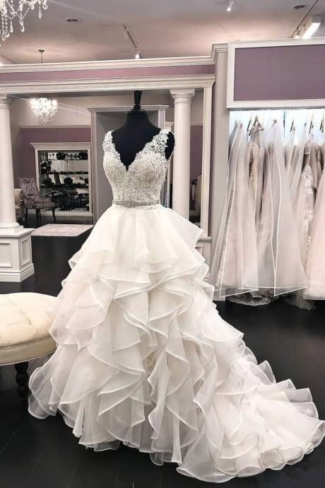 White Organza Ruffles Lace V Neck Formal Prom Dress Beaded Wedding Dress