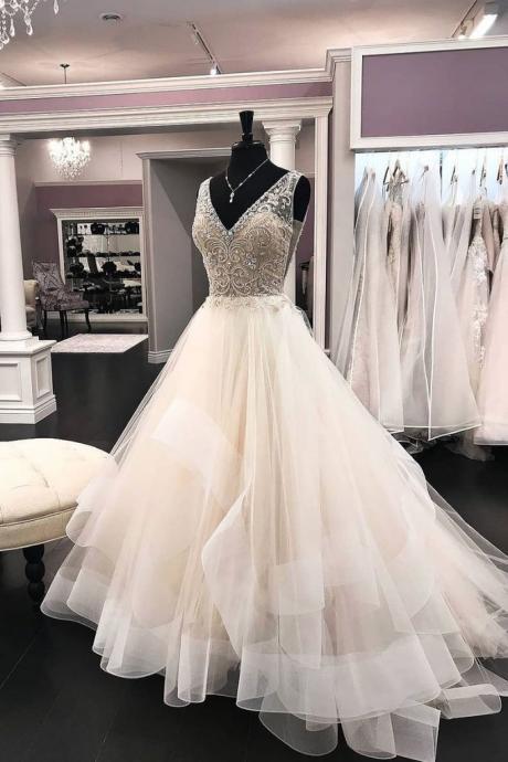 Ivory Tulle V Neck Long Beaded Sequins Prom Dress Wedding Dress