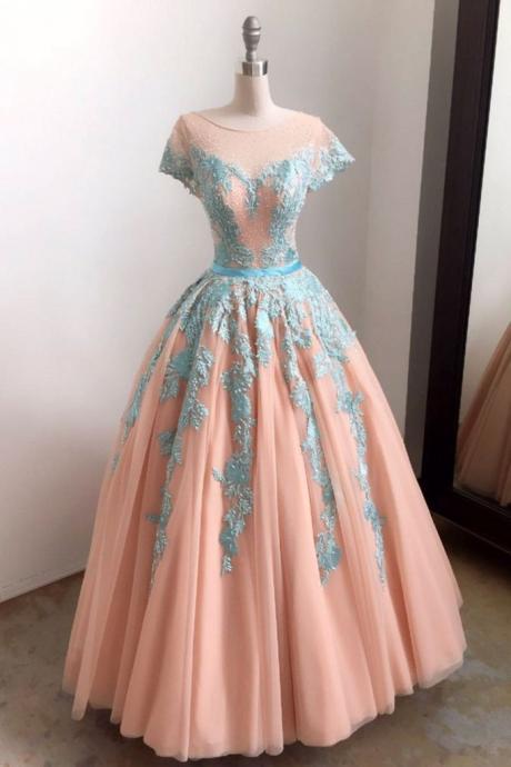 Cute Long Tulle Blue Lace Applique Cap Sleeve Formal Dress Prom Dress