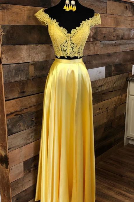 Yellow Lace Two Pieces Homecoming Dress Long Simple Prom Dress