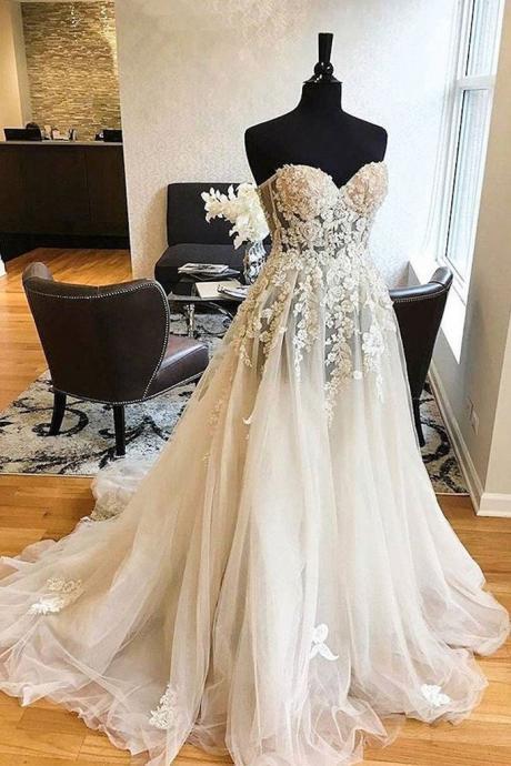 White Tulle Lace Strapless Long Prom Dress Wedding Dresses
