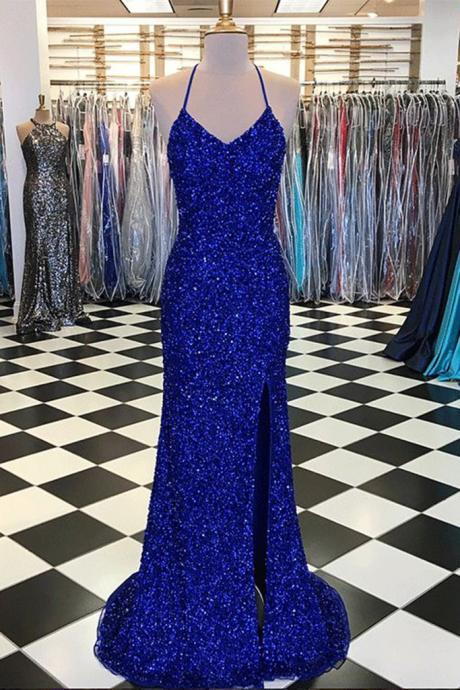 Royal Blue Long Open Back Mermaid Prom Dress Sequin Evening Dress