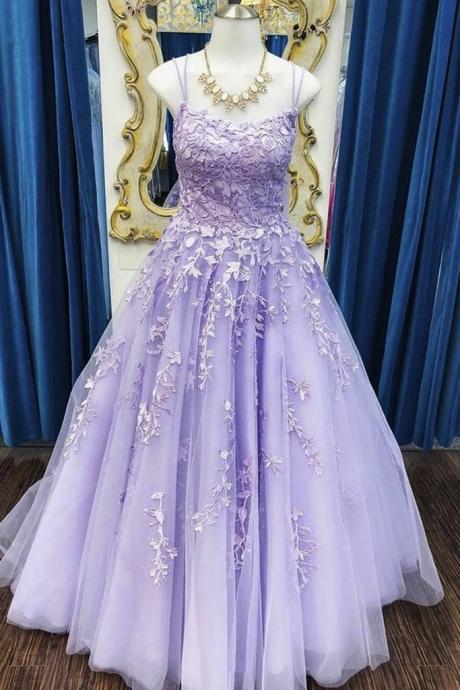 Lavender Dress Spaghetti Straps Long Lace Prom Dress Evening Dress