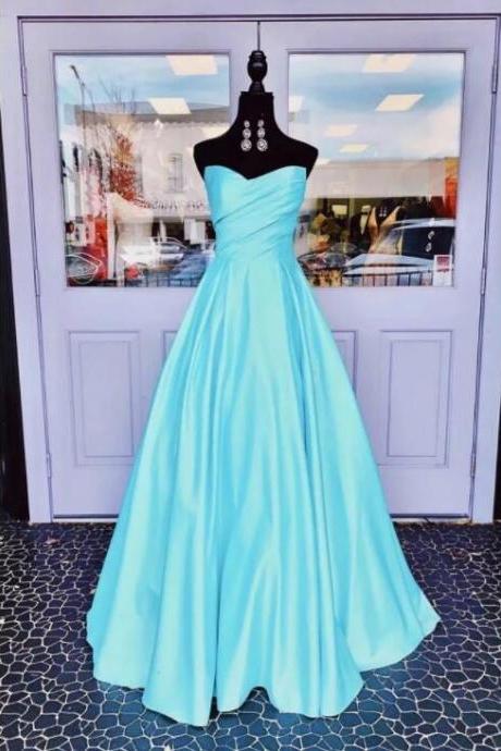 Strapless Blue Satin Sweetheart Dress Long A Line Prom Dress