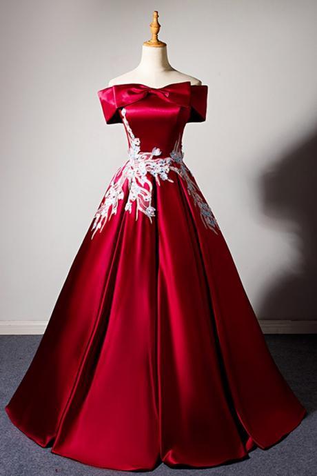 Burgundy Satin Strapless Off The Shoulder Dress Sweet 16 Prom Dress