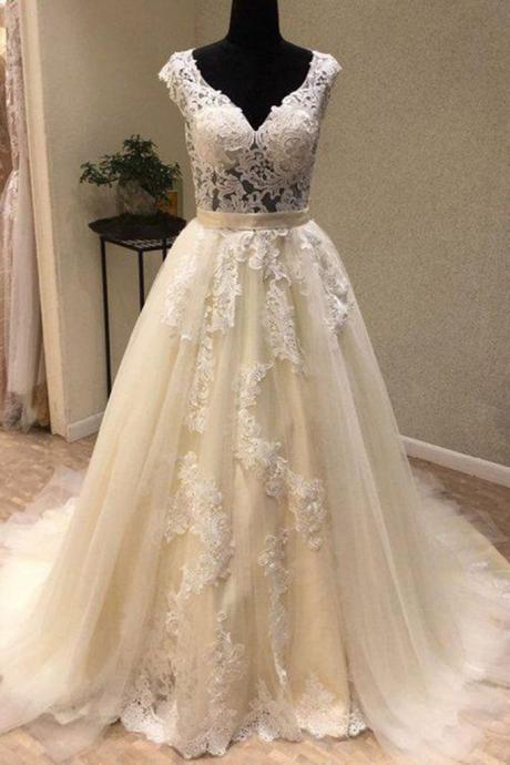 Creamy Tulle Lace Applique V Neck Formal Dress Long Senior Prom Dress