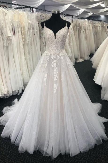 White Tulle Lace Long Formal Dress Spaghetti Straps Prom Dress Wedding Dress