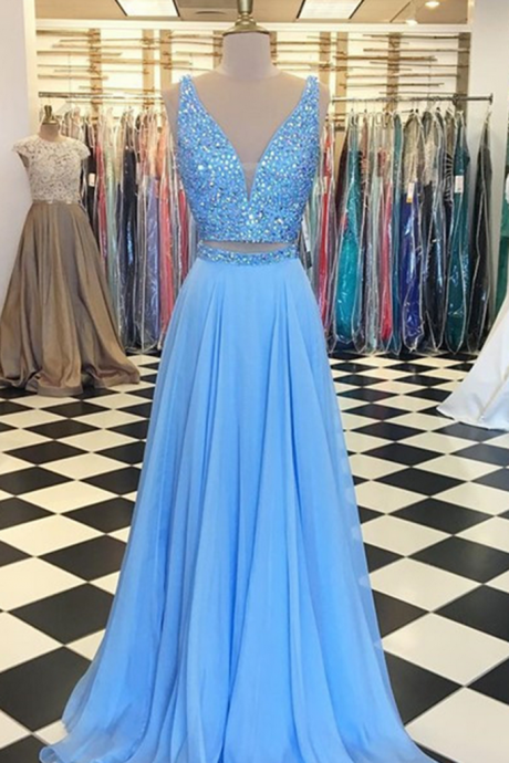 Stunning Blue Chiffon Beaded Long Dress Two Pieces Prom Dresses