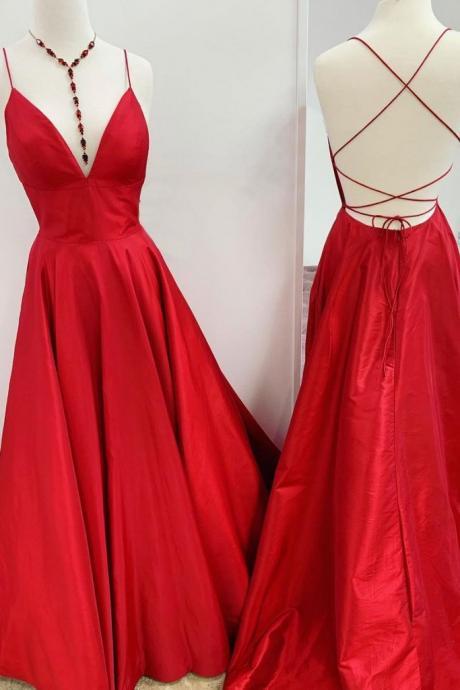 Red Satin V Neck Open Back Long Prom Dress Bridesmaid Dress