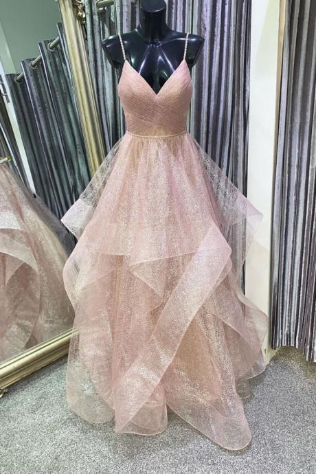 2021 Long Tulle V Neck Spaghetti Straps Prom Dress Layered Prom Gown