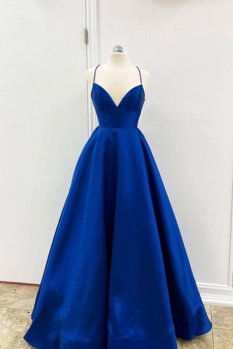 2021 Royal Blue Satin V Neck Long Dress Open Back Prom Dress