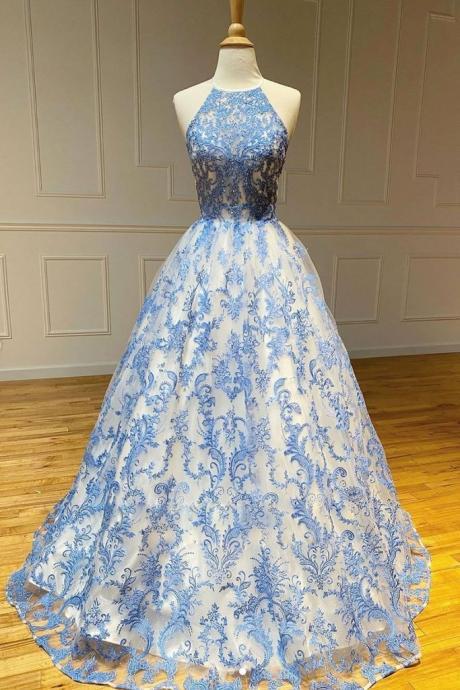 Blue Lace O Neck Strapless Long Formal Prom Dress Customize Evening Dress