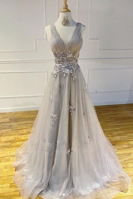 Gray Tulle V Neck Long A Line Prom Dress Formal Dress With Applique