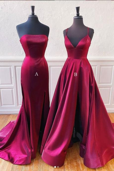 Simple Burgundy Satin Long Women Prom Dress Evening Dresses