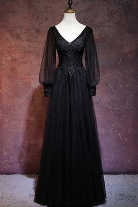 Black Tulle Lace Long Sleeve Prom Dress A Line Formal Dress