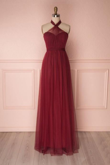 Simple Burgundy Tulle A Line Prom Dress Long Formal Dress With Sash