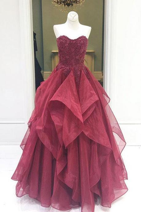 Sweetheart Burgundy Dress Long Strapless Tulle Evening Dress Prom Dress