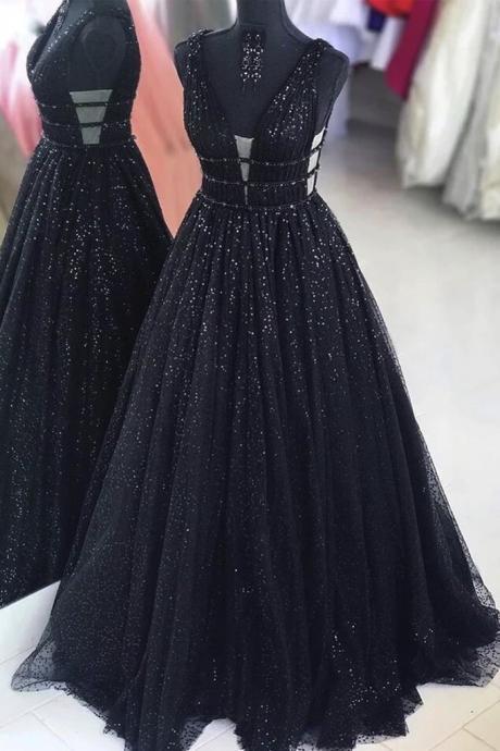 Black Tulle Sequins Dress Long A Line Formal Prom Dresses