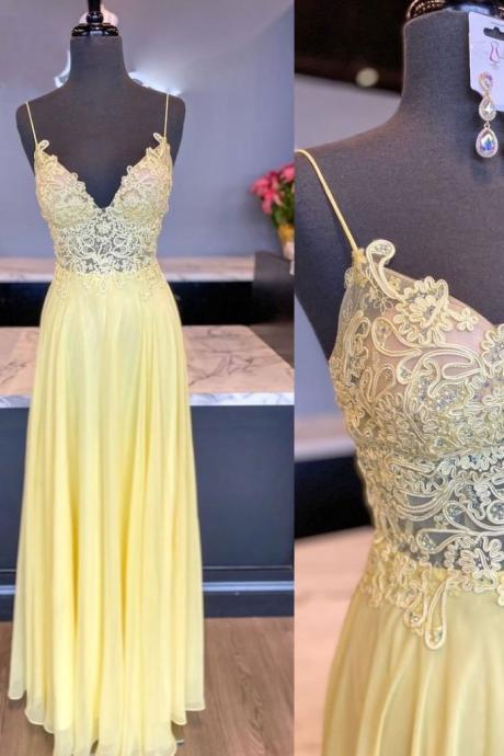 Yellow Tulle Lace V Neck Long A Line Prom Dress, Bridesmaid Dress