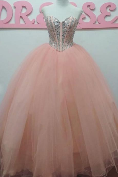 Sweetheart Pink Tulle Beaded Long Sweet 16 Prom Dress, Prom Gown