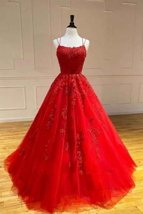 Red Tulle Lace Spaghetti Straps Long A Line Dress Prom Dress