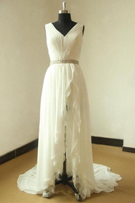 Ivory Chiffon Lace V Neck Women Bridal Dress Formal Prom Dress With Beads