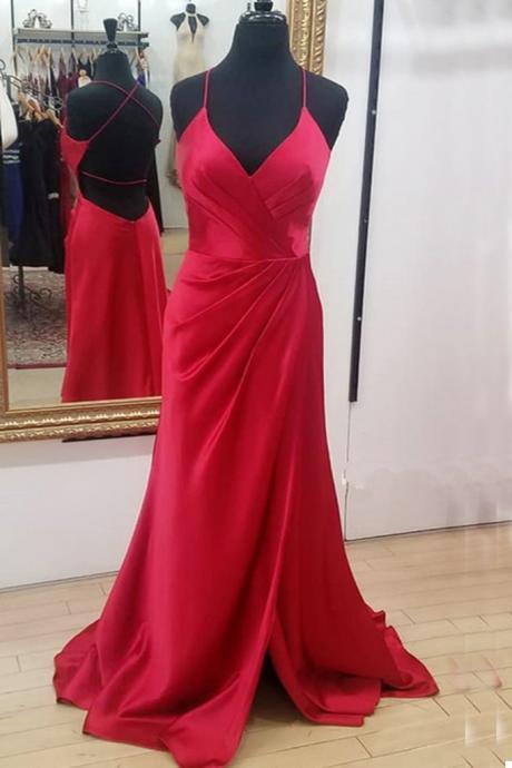 Simple Red Satin Backless V Neck Long Dress Side Slit Prom Dress
