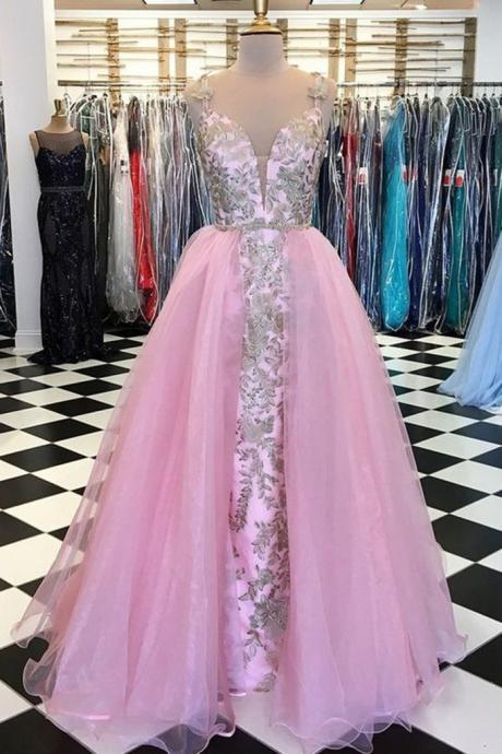 Design 2020 Pink Tulle Long Winter Formal Dress Pink Lace Senior Prom Dress