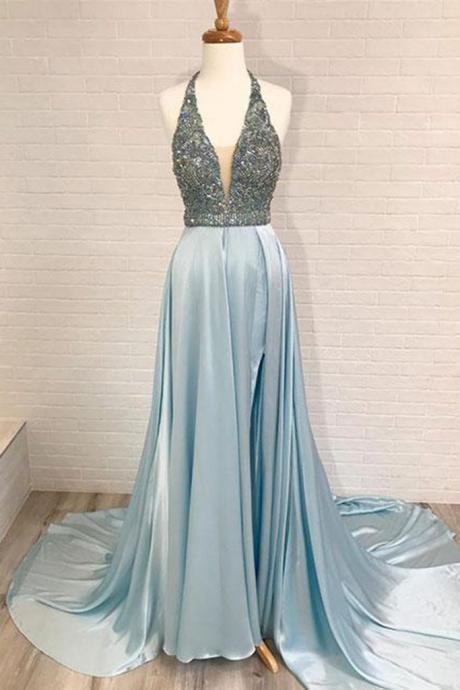 Baby Blue Satin Long V Neck Halter Dress Open Back Beaded Prom Dress