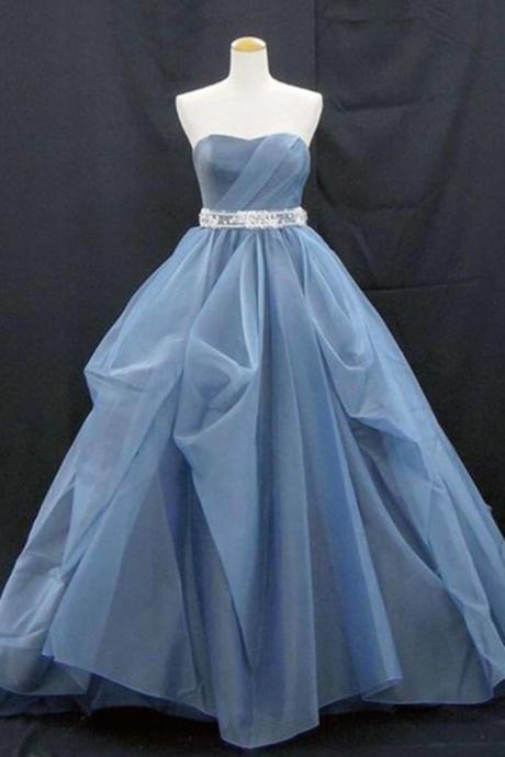 Blue Tulle A Line Strapless Long Dress Sweet 16 Prom Dress With Beaded Waistline
