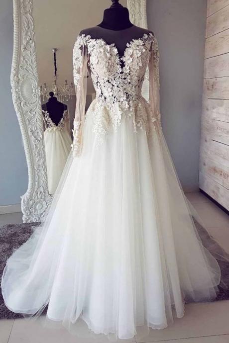 White Tulle Lace Long Prom Dress Round Neck Customize Wedding Dress