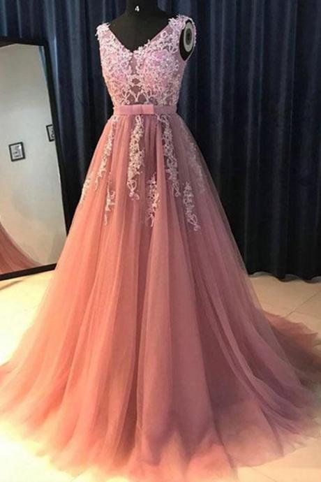 Pink Tulle A Line V Neck Long Dress Pink Halter Senior Prom Dress With Applique