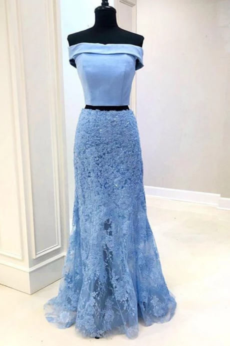 Blue Lace 2 Pieces Homecoming Dress Long Mermaid Dress Prom Dress
