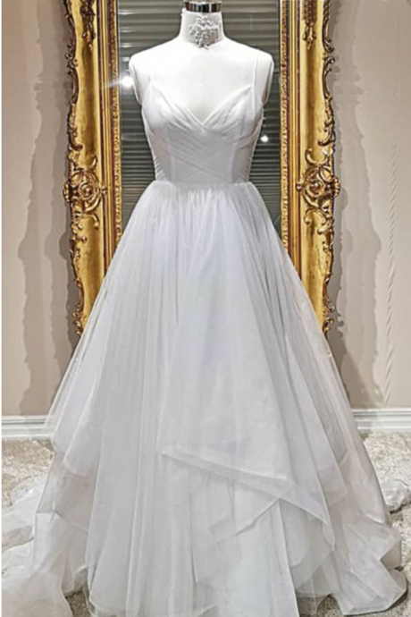 White Tulle V Neck Long A Line Spaghetti Straps Prom Dress Evening Dress