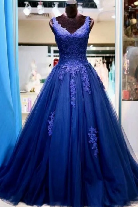 Royal Blue Tulle V Neck Long A Line Prom Dress Lace Formal Dress